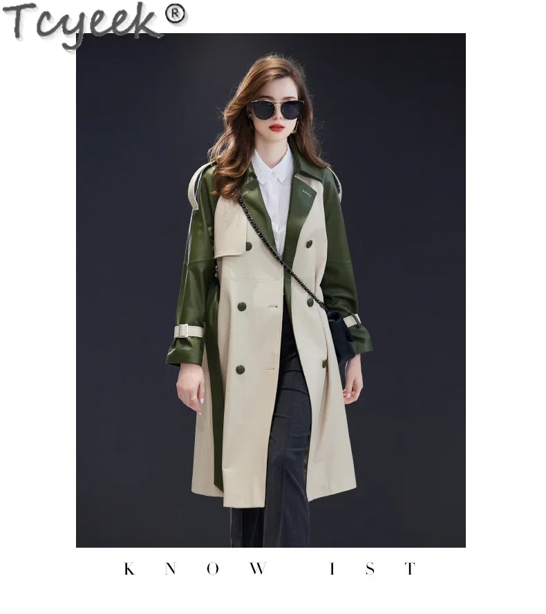 Tcyeek Echte leren jas Dames Natuurlijke schapenvacht leren jas Middellange trenchcoats voor dames Herfst Winterkleding Riem