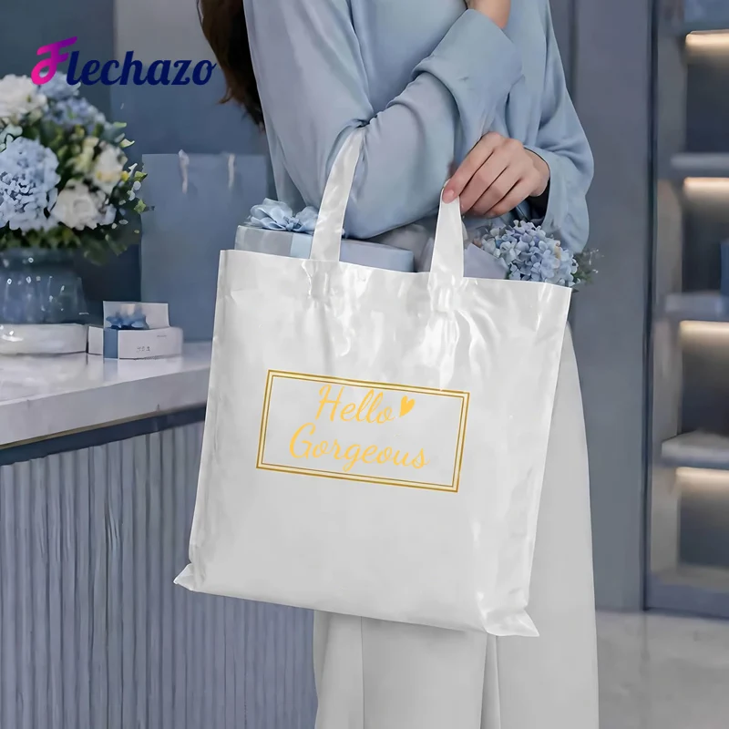 Unverzichtbare Plastikeinkaufstaschen mit Griff, 100 Stück, Boutique-Taschen für kleine Unternehmen, Logo individualisierbar, große Geschenktüten – Detail 6