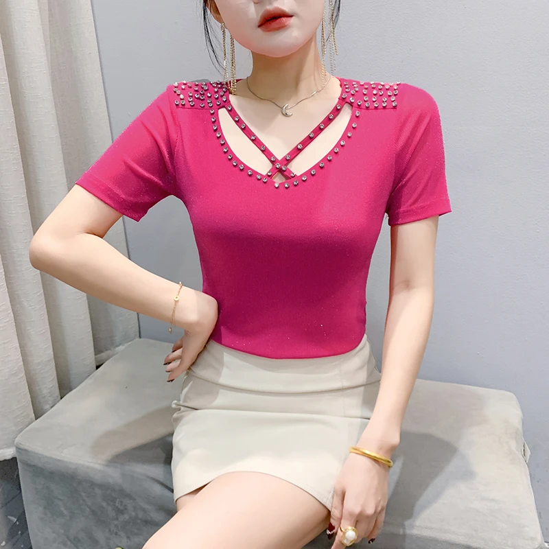 Letnie ubrania Nowa koreańska koszulka damska Seksowne wydrążone topy z dekoltem w szpic z krótkim rękawem Casualowa koszula z siatki w kształcie rombu