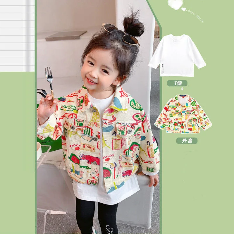 Spring Jacket For Kids Girls 2022 Fashion Jackets Cartoon Doodle Print Design Graffiti Long Sleeve Coat Outerwear Costume