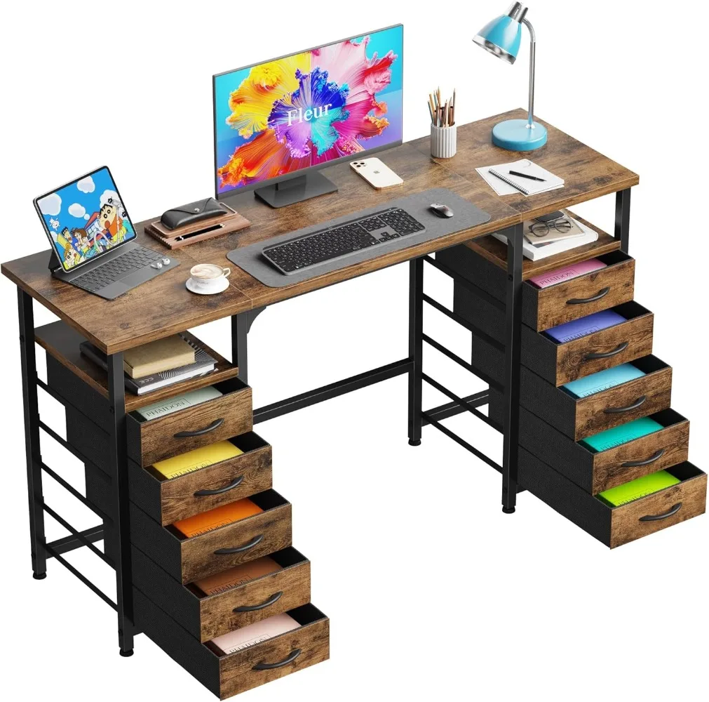 

Desk with 10 Fabric Drawers Classified Organizer-55"/140 Office Desks with Ample Storage,Computer Work Desk Study Writing Table