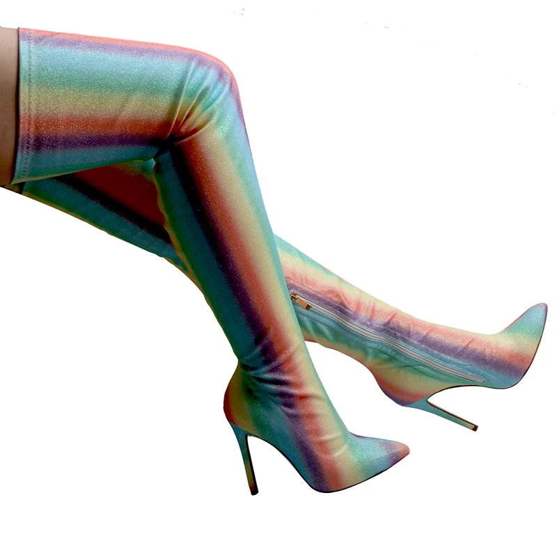 Sexy Rainbow Stripe Bling Stretch Thigh Boots Pointed Toe 10cm High Heel Sock Boots Woman Colorful Over Knee Boots Shoes