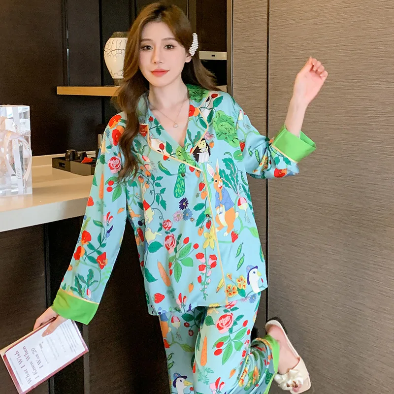 Satin Women\'s Pajamas Set Print Silk Like Homewear Long Sleeves Pants Sleepwear Elegant 2 Pcs Nightwear Female Leisure Home Suit