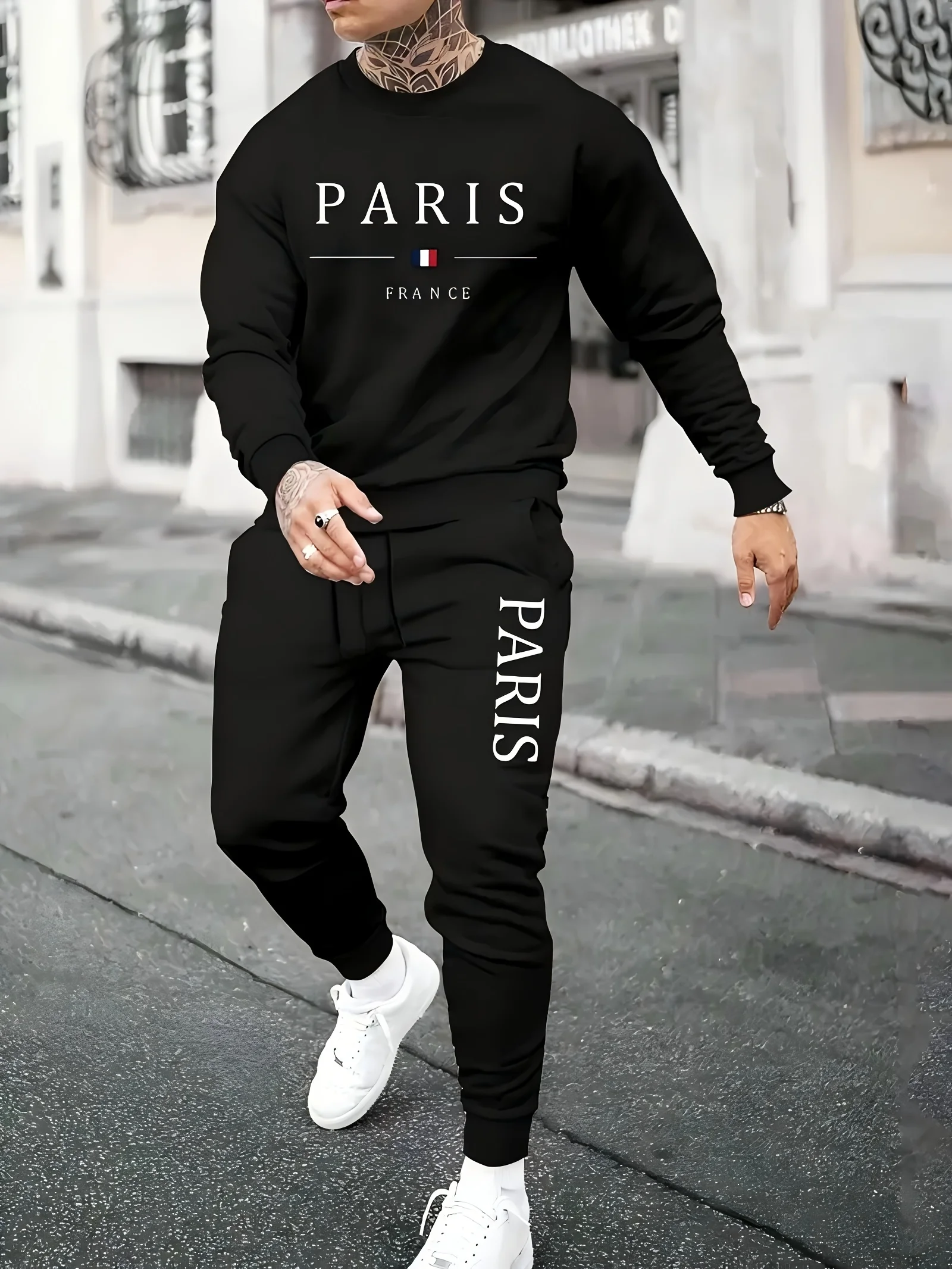 Men's autumn and winter fashionable casual PARIS letter printed loose and plush thick round neck sweatshirt+sports pants set