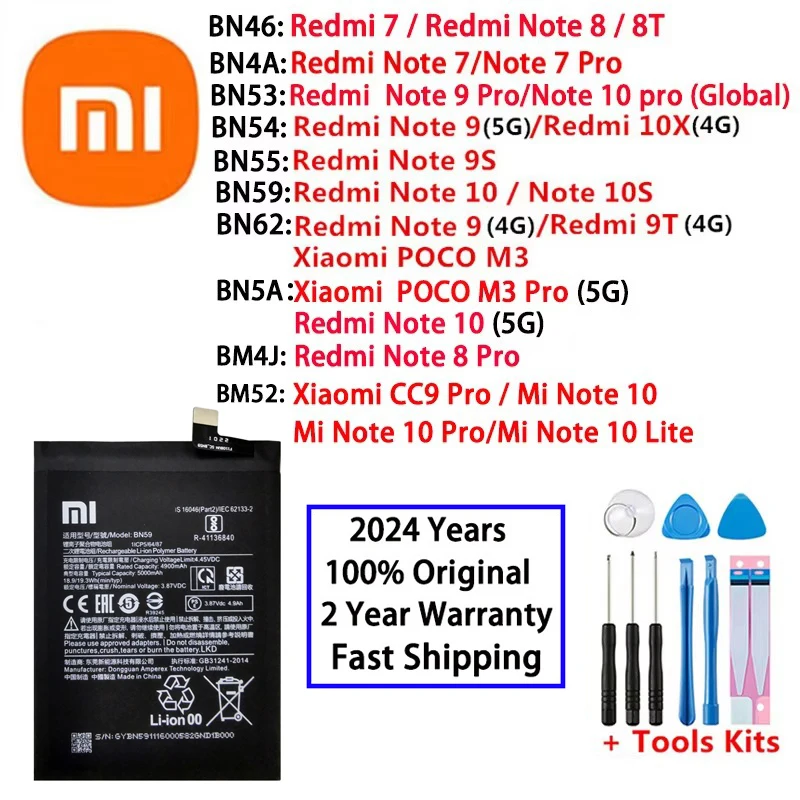 BM52 BM4J BN46 BN4A BN5A BN53 BN54 BN55 BN59 BN62 Battery For Xiaomi Redmi Note 7 8 8T 9 9T 9S 10 10X 10S POCO M3 CC9 pro Lite