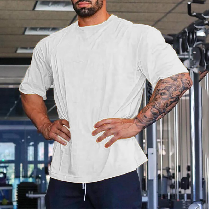 Oversized Fit Short Sleeve T-shirt Mens Cotton Dropped Shoulder Loose Fitness Sports T Shirt Summer Gym Bodybuilding Tops Tees