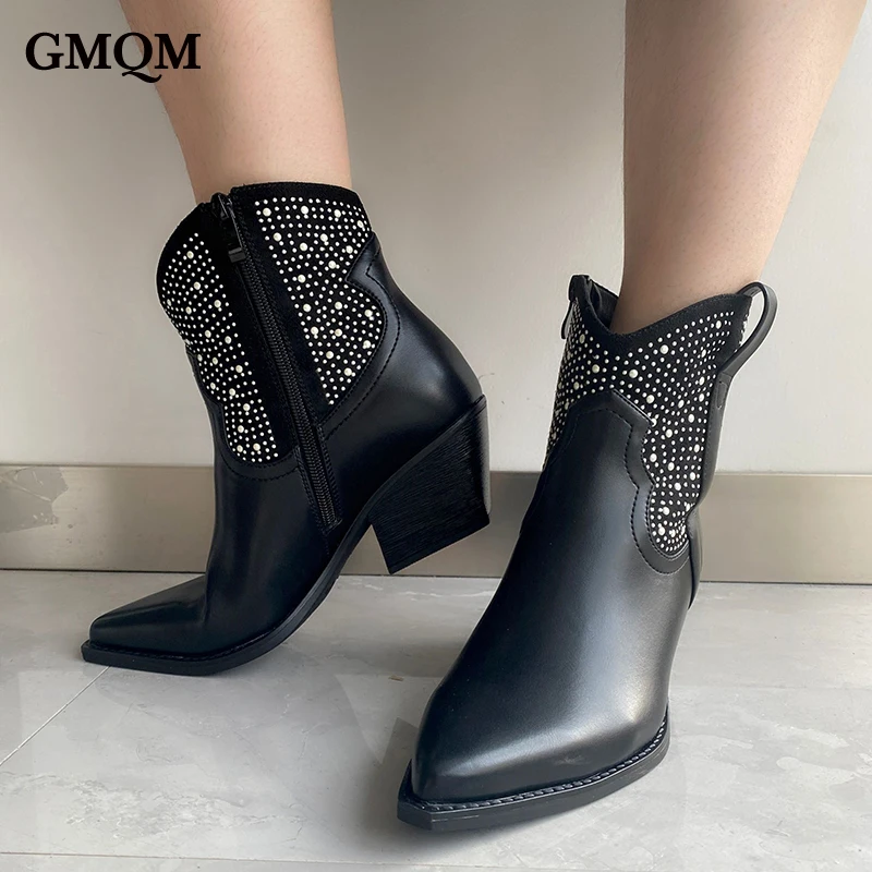 GMQM Fashion Western Cowboy Boots 2023 New Ankle Boots Zipper Pointed Toe Rhinestone Embroidered High Heels Riding Bike Shoes