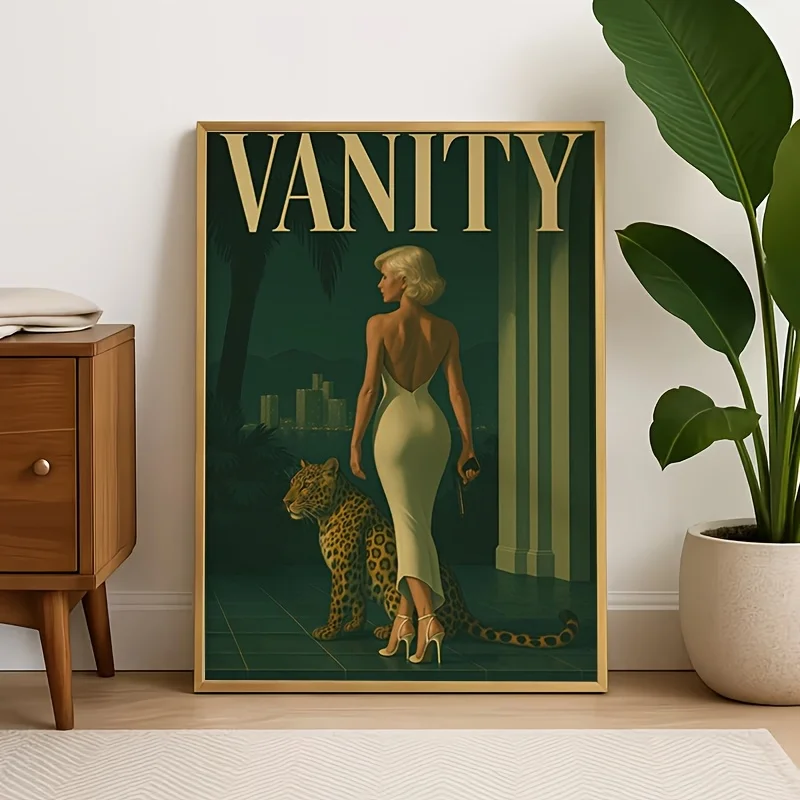 Retro leopard and blonde lady canvas wall decoration painting, 2D print