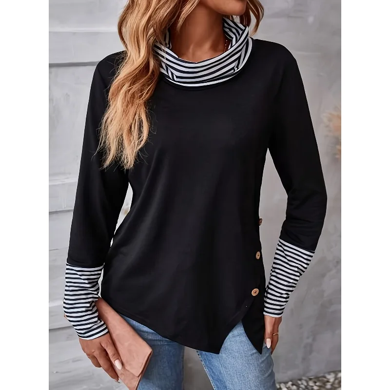 

Plus Size 1XL-5XL Woman's Turtleneck Long Sleeve Pullovers Ladies Caual Color Matching Knitting Fashion Woman's top t-shirt