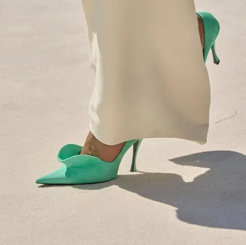 2026 Spring/Autumn New Women's Green Ruffle Edge Pointed Toe Thin Stiletto High Heels Slip On Fashion Simple Wedding Party Pumps