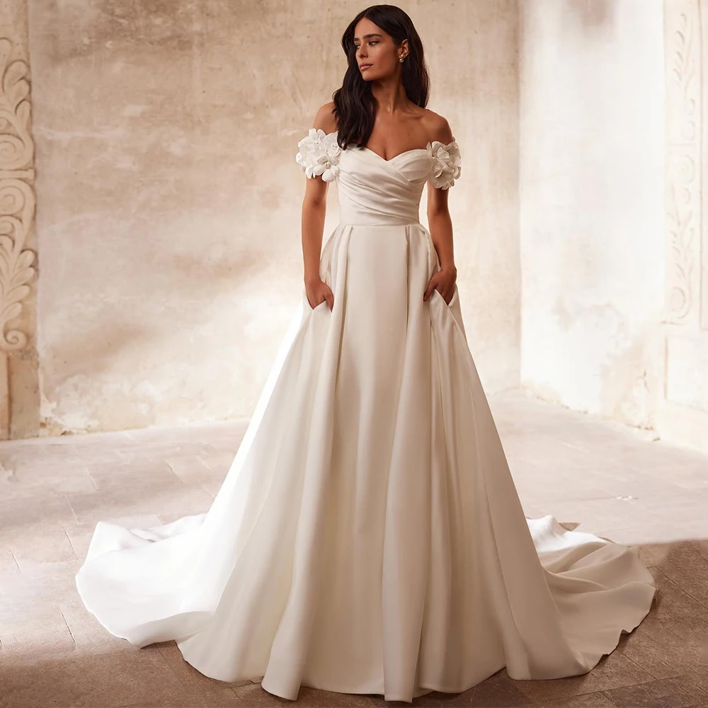 Elegant Wedding Dress for Women 2023 Birde Off the Shoulder Flowers  Gowns Long Sweetheart Satin Bridal Gown with Pockets