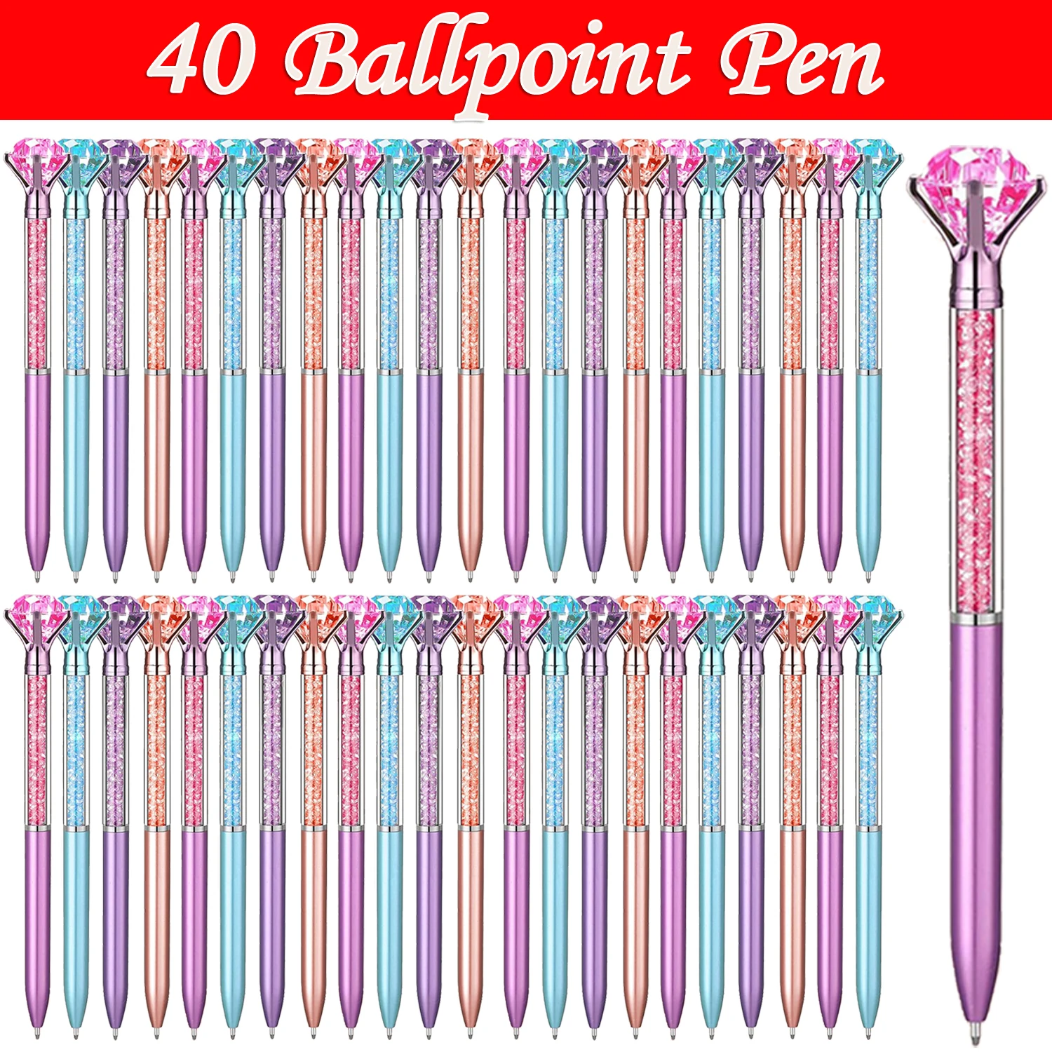 40Pcs Big Crystal Diamond Pens Rhinestones Ballpoint Pen Black Ink Ball Pens Student School Office Supplies