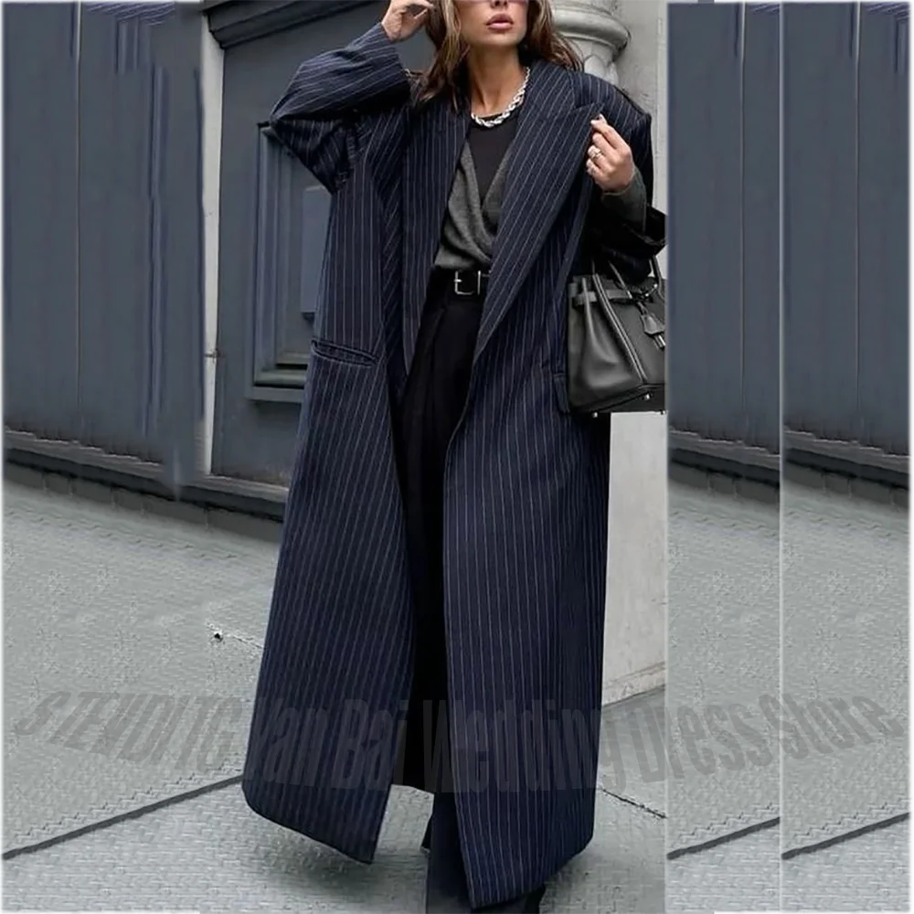 High End Striped Women Suit Jacket 1 Piece Peak Lapel Ankle Length Modern Style Casual Party Fashion StreetWear Long Blazer Coat