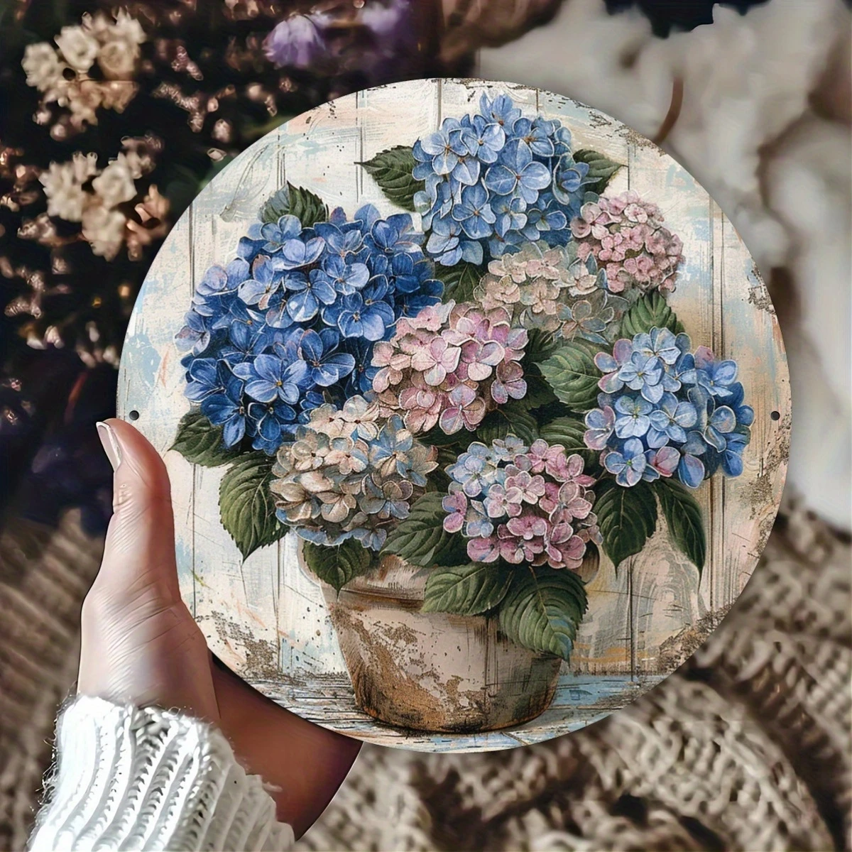 1 Piece 2D Wooden Hanging Sign Hydrangea Theme 8-Inch Round Sign Home Bar Garage Cafe and Garden Decoration