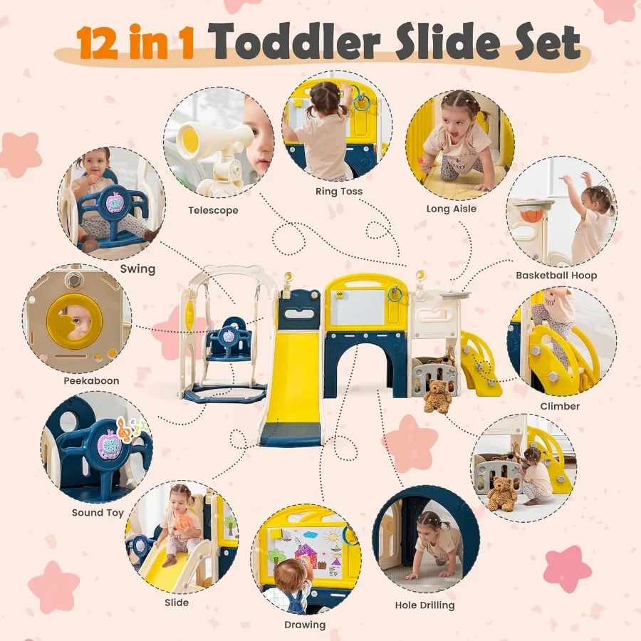 مجموعة لعب كبيرة 12 في 1 متأرجحة ومنزلق للأطفال الصغار بعمر 13 عامًا ملعب داخلي خارجي مع نفق كرة سلة متسلق S #3