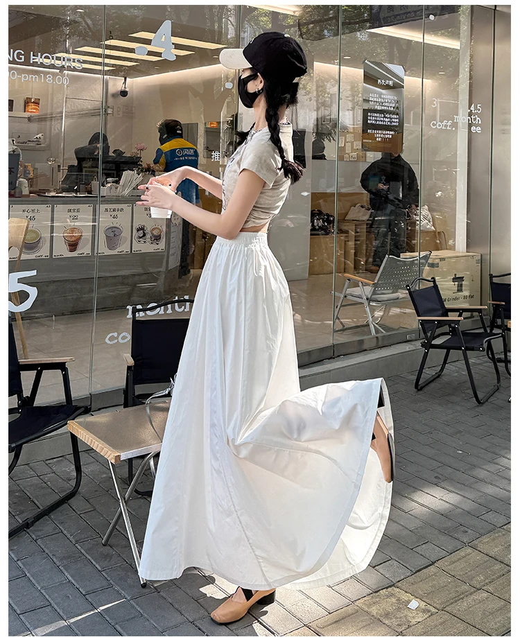 Spring Summer Women Black White Elegant Oversized Long Skirt French Fashion Brown High Waist Vacation Pleated Half Skirt Popular