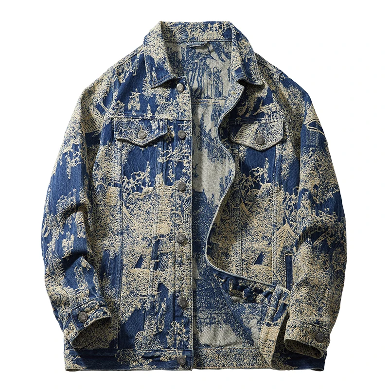 

Мужская джинсовая куртка жаккардового плетения, повседневное свободное хлопковое пальто, модный узор, джинсовый топ, верхняя одежда, одежда