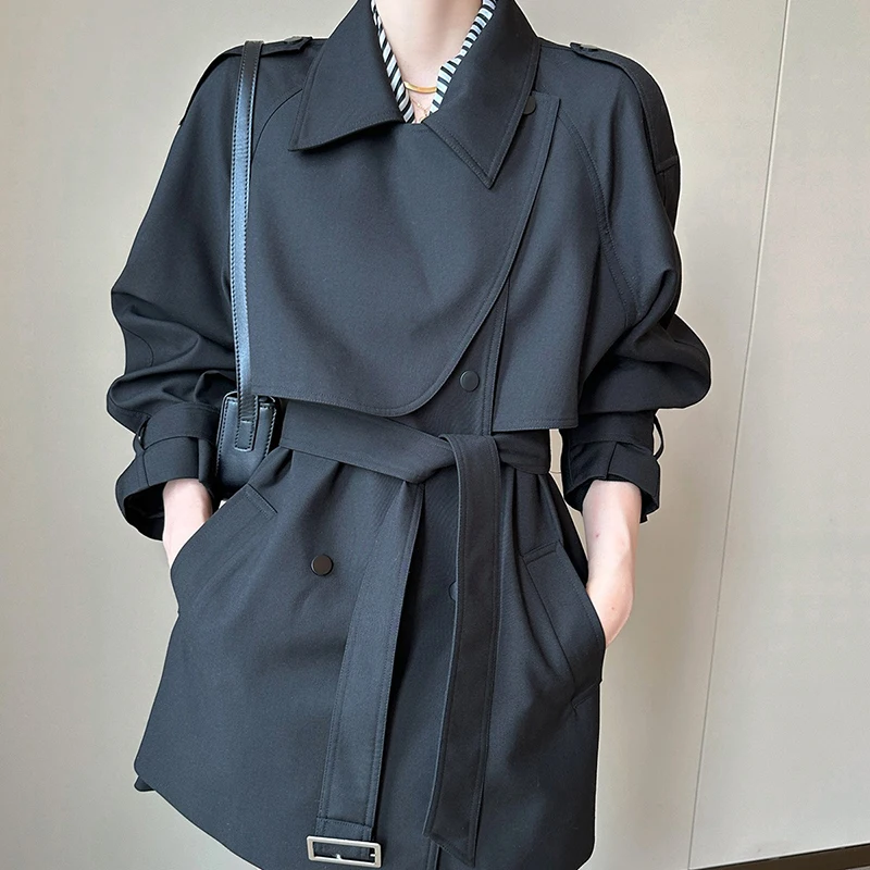 Spring new cape windbreaker raglan sleeve belt coat women's design sense medium length waistband drawstring commuting coat