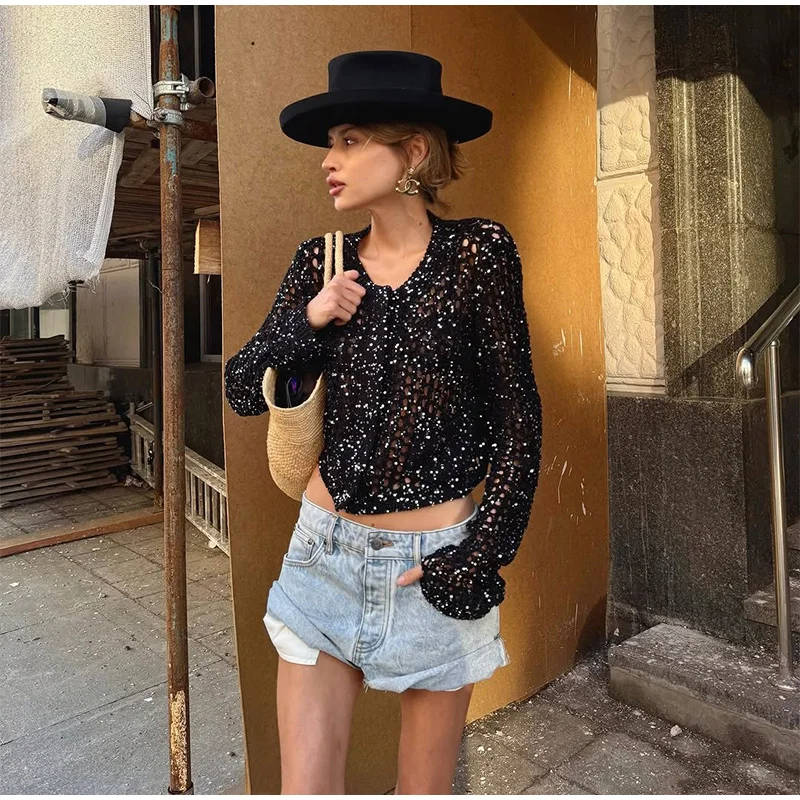 Fashion Sequin Knitted Cardigan For Women Fashion  Long Sleeve Cropped Hollow Aweater Lady Spring New Chic Streetwear