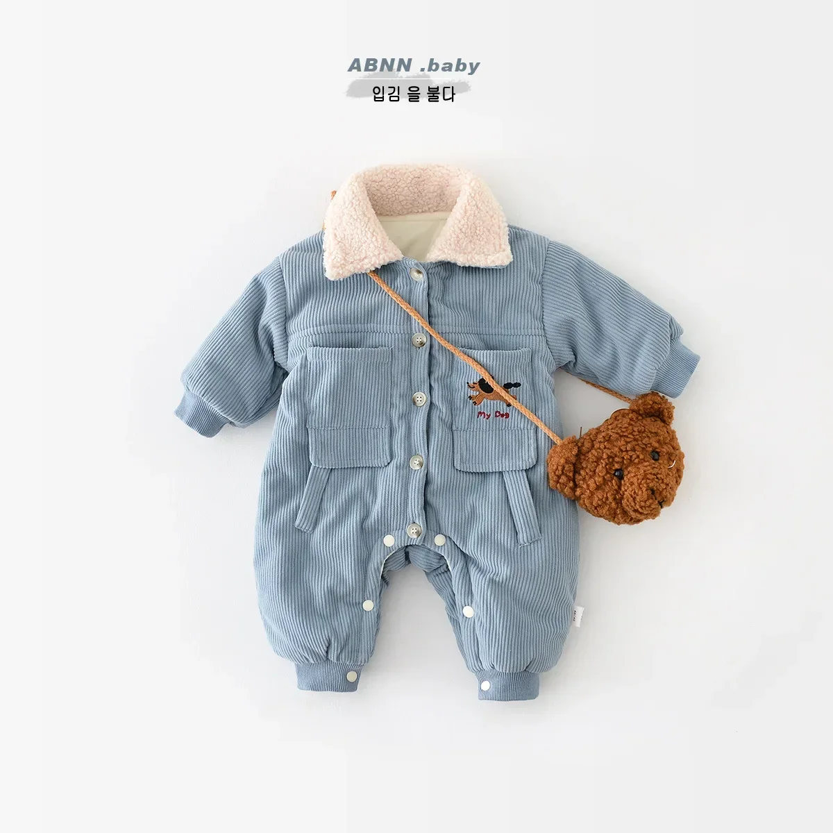 

2023 Winter Baby Boys Jumpsuit Corduroy Plush Thick Cotton Padded Infant Boys Jacket Warm Hairy Collar Toddler Boys Parkas