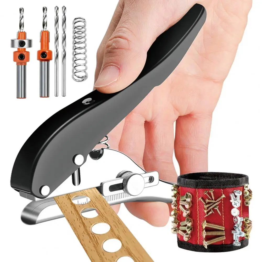 Single Hole Puncher, 3 in 1 Edge Woodworking Tool, Precision Drilling Handheld Punching Machine for DIY Carpentry Projects