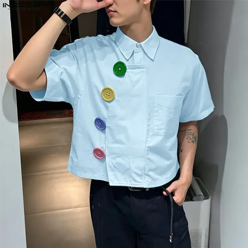 INCERUN Men Shirt Solid Color Lapel Short Sleeve Colorful Button Men Clothes Streetwear Summer Fashion Casual Crop Tops For Man