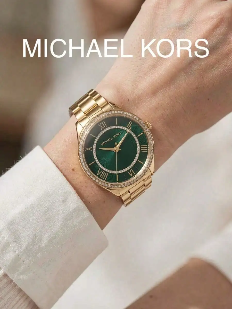 MK Women Gold Watch Green Dial Crystal Diamond Bezel Roman Numeral Stainless Steel Band Elegant Vintage Dress Wristwatch