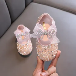 New Children's Sequined Leather Shoes Girls Princess Rhinestone Bowknot Single Shoes Fashion Baby Kids Wedding Shoes