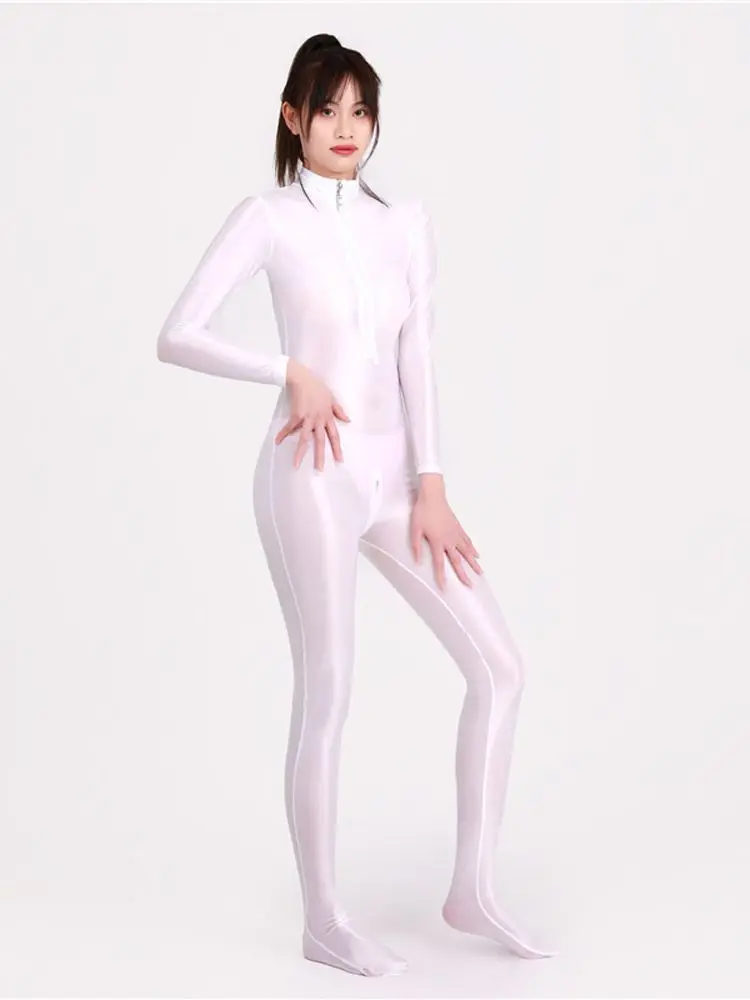 Glossy Long Sleeve Zipper Open Crotch Bodysuit Tights Sexy Bodystocking Jumpsuit Dance Yoga Unitard Leotard Conjoined Clubwear