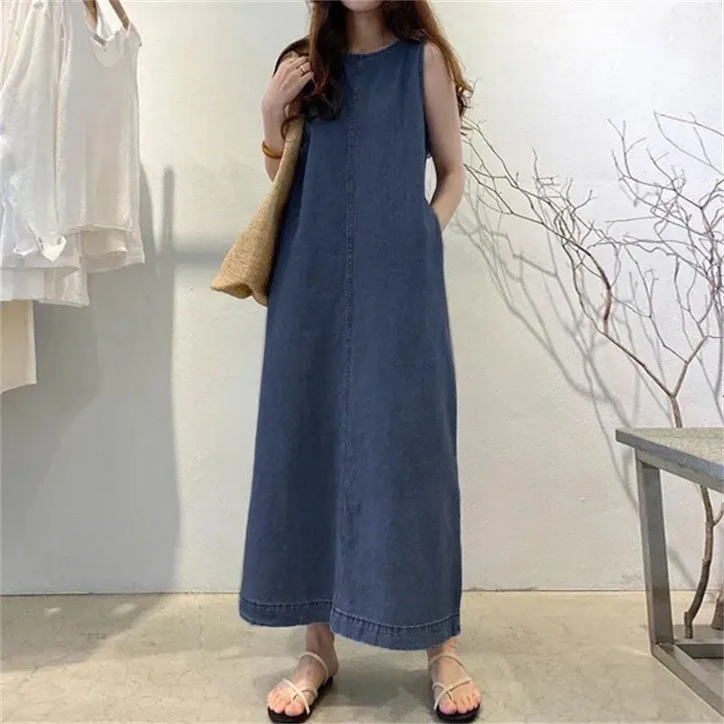 Fashionable Long Dress With Round Neckline Sleeveless Pocket Loose And Long Style Backless Blouse Denim Robe Women's Dress