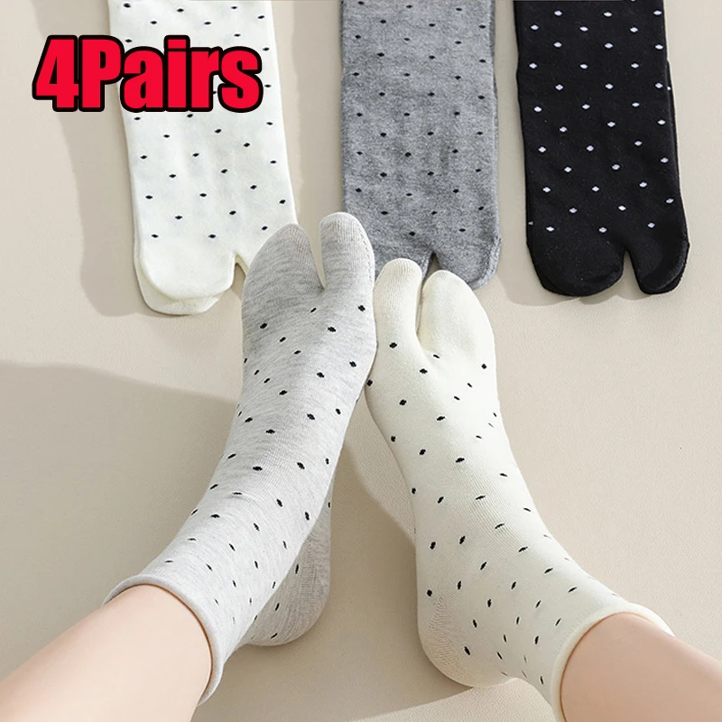 4 Pairs Japanese Cotton Split Toe Socks Polka Dot Two-Toed Sock Harajuku Simple Tabi Socks High Elastic Kimono Sandal Socks