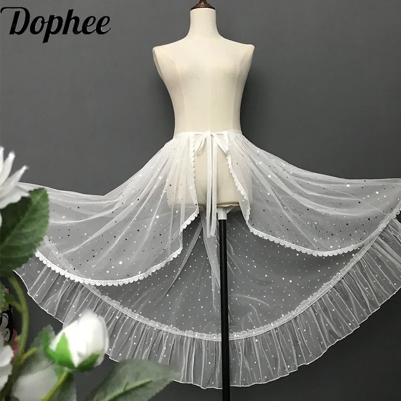 Dophee Original Asymmetric Dovetail Skirt Lolita Extend Skirt Cover Shiny Sequin Perspective Mesh High Waist Ruffles Fairy Skirt