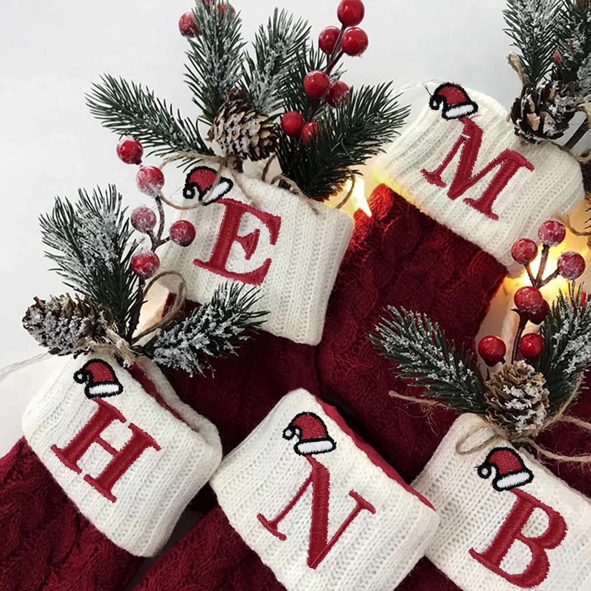 Christmas Hat Stocking New Knitting Monogram Socks with Red Letters for Xmas Tree Family Cute Christmas Gift Bags Pendant Decor