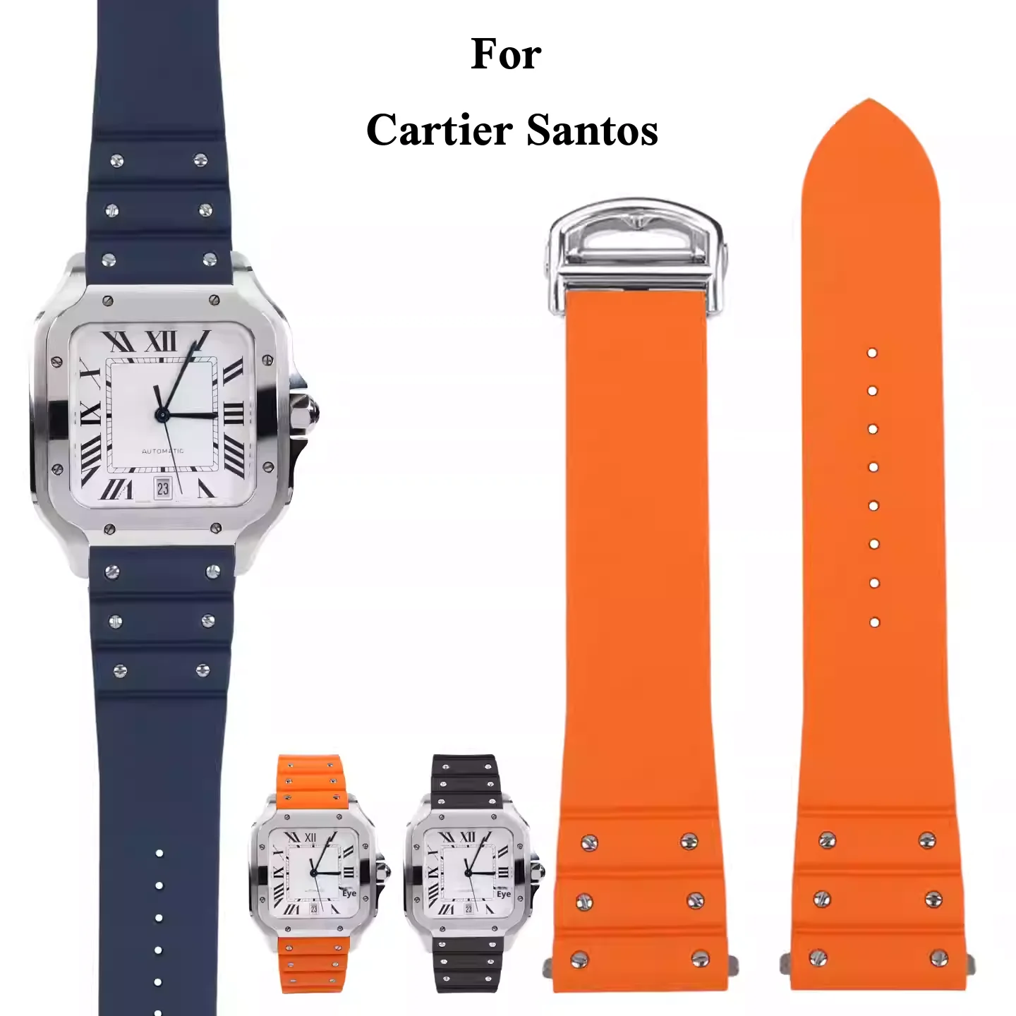 For Cartier Santos 39.8MM Fluororubber watch strap quick release FKM watchband Stainless steel Folding clasp Men's 21MM bracelet