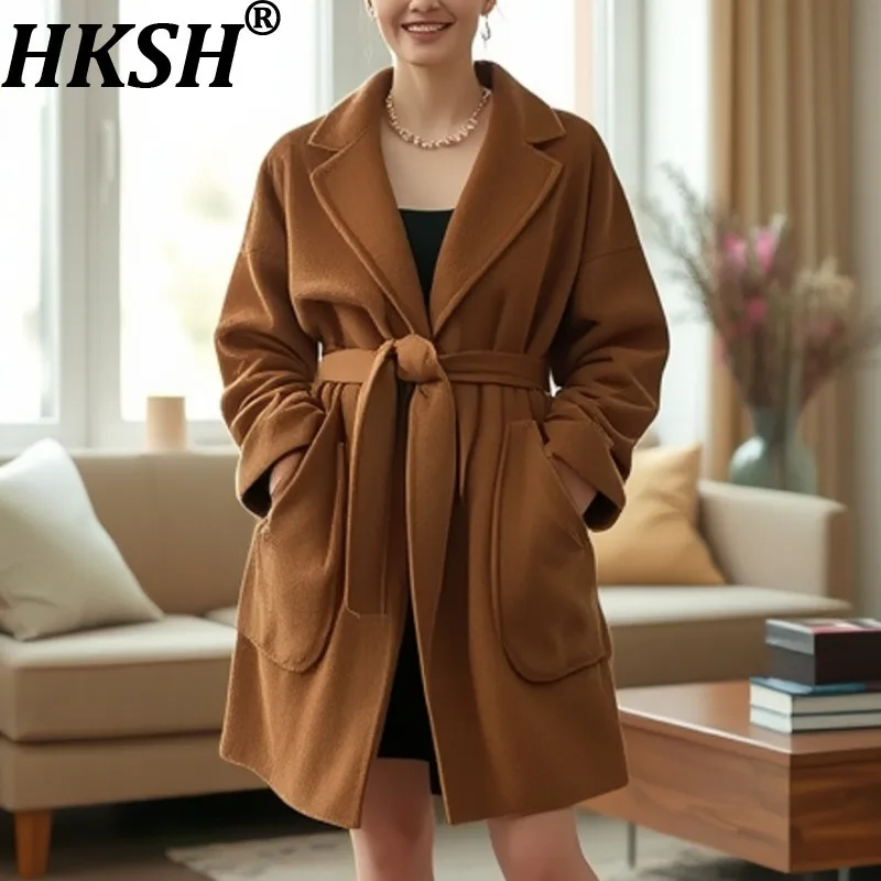 

HKSH Autumn Winter New Women Double-Sided Wool Coat Turn-down Collar Belt Versatile Elegant Trendy Ins Mid-Length Jacket HK13231