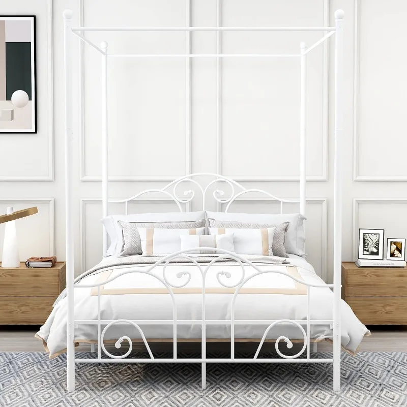 Full Size Four-Poster Metal Canopy Bed Frame with Headboard and Footboard Sturdy Slatted Structure No Box Spring Needed White