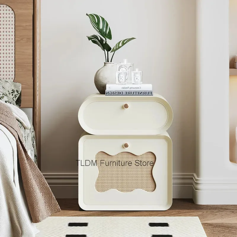 Cream Nightstand Wavy Rattan Cutout Panel Round Full Rounded Edge Minimalist Bedroom Bedside Storage Side Cabinet Furniture