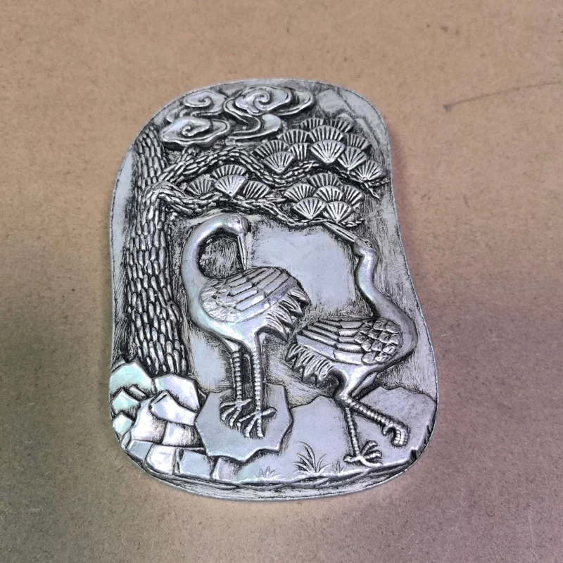 

Antique-Style Pure - Craft Deep Carving Crane Double-Lid White Copper Silver-Plated Inkstone Ornamen