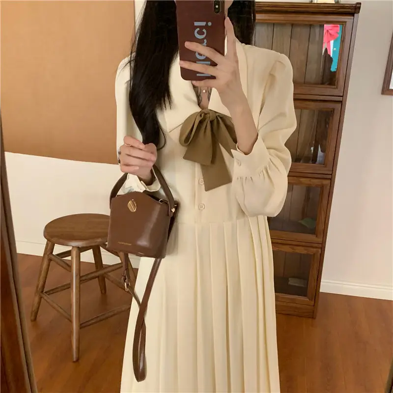 Preppy Style Polo-Neck Dresses Spring Autumn New Loose Elegant A-Line Female Clothing Commute Stylish Pleated Spliced Midi Dress