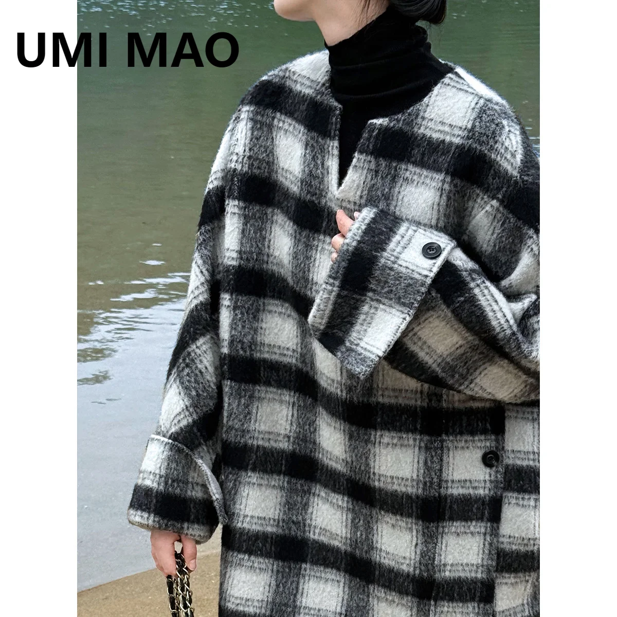 

UMI MAO Black Label в западном стиле, черно-белое клетчатое двустороннее шерстяное пальто для женщин, новый осенне-зимний пуловер