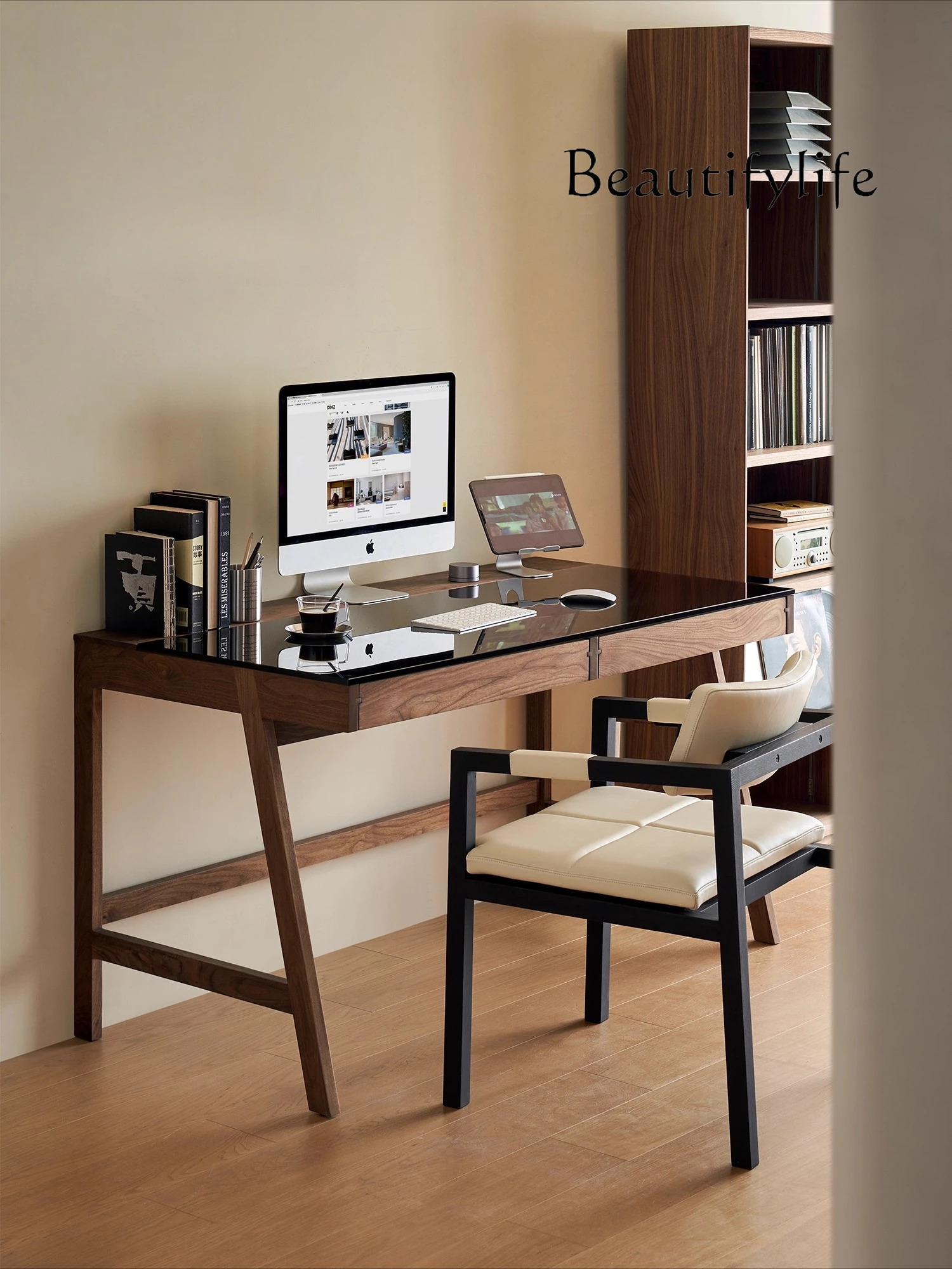 

/Yazheng black walnut desk solid wood computer desk home study table glass desktop workbench