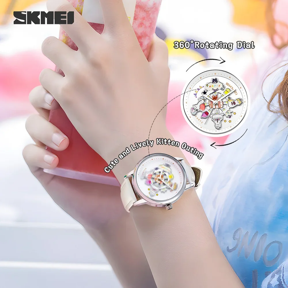 Skmei 360 Degree Rotating Dial Quartz Watch for Women Fashion Cute Cartoon Cat 3Atm Waterproof Ladies Wristwatch