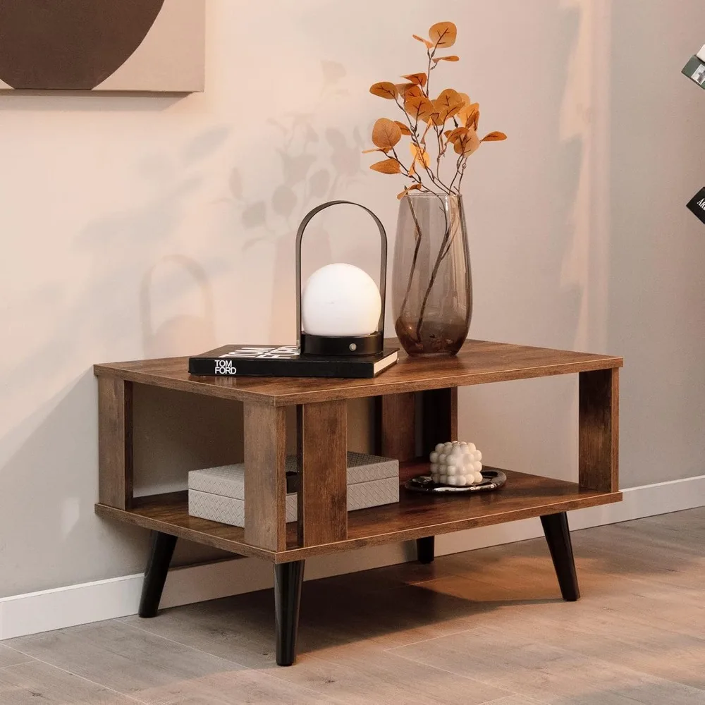 Small Coffee Table for Small Space, 2-Tier Wooden Center Table with Open Storage Shelf, Side Baffle, Easy Assembly