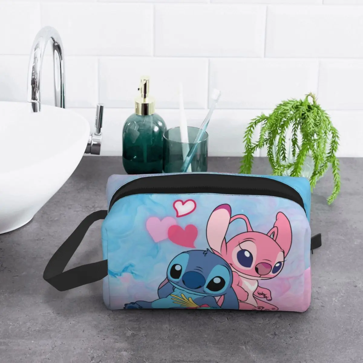 Custom Fashion Stitch Angel Reizen Toilettas Vrouwen Disney Anime Make-Up Cosmetische Organizer Schoonheid Opslag Dop Kit