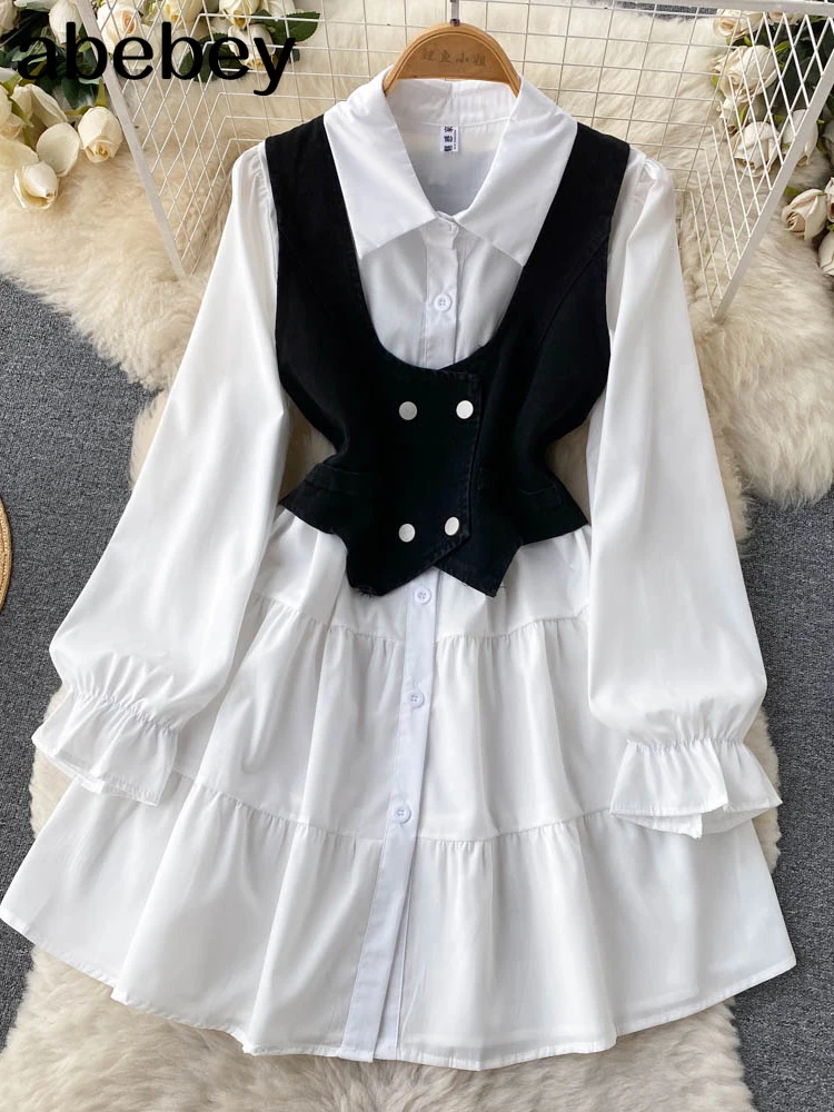 Autumn Fashion Dress Two Pieces Suits Ruff Sleeve White Shirt Dress+Mini Denim Camis Suits Women Streetwear Slim Set