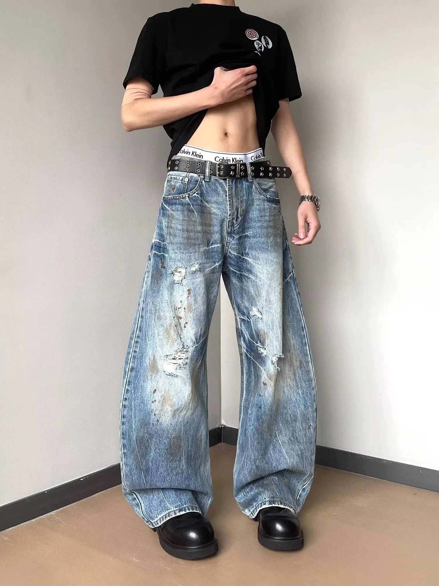 

American High Street Vintage Washed Stained Lightning Pattern Ripped Knife Jeans Men Women Trendy Loose Long Pants Casual