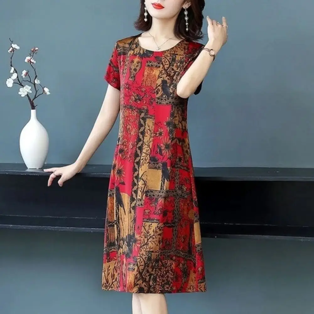 Elegant Retro Floral Print Dress Summer Women Casual Short Sleeve Midi Clothing Soft Breathable Loose Fit Mother Dresses