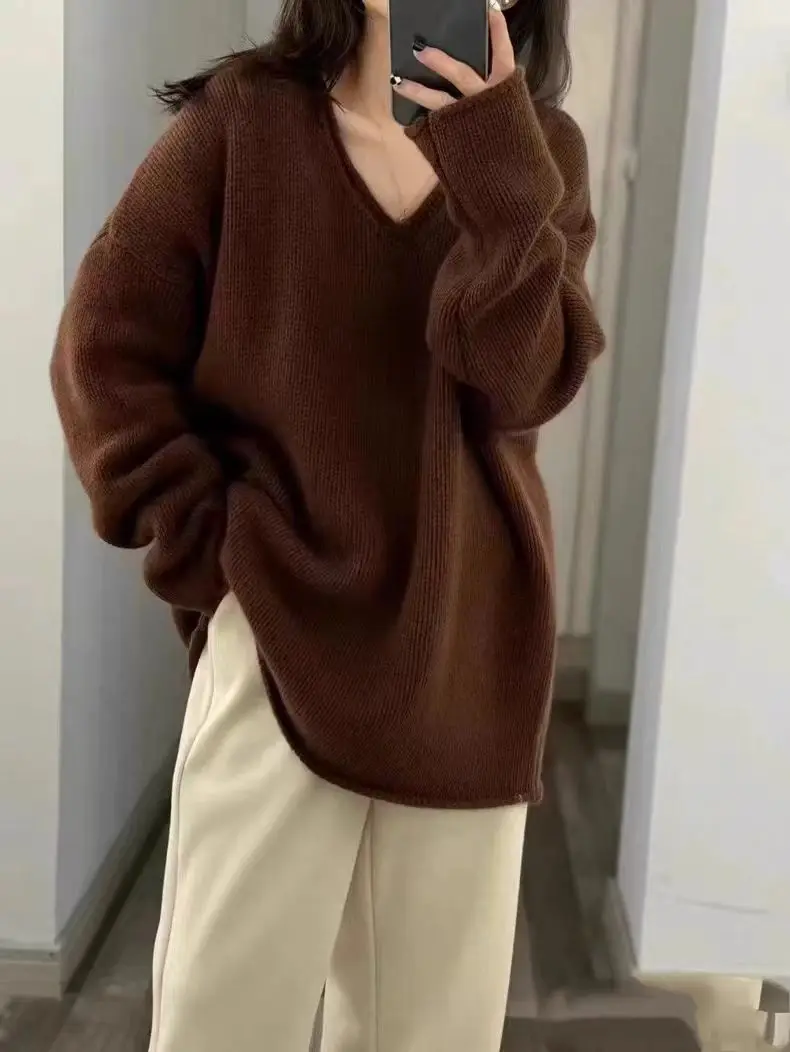 

Merino Wool Sweater 100% Pure Wool Women's Medium Long Thick Autumn Winter Casual V-neck Loose Knit Sweater