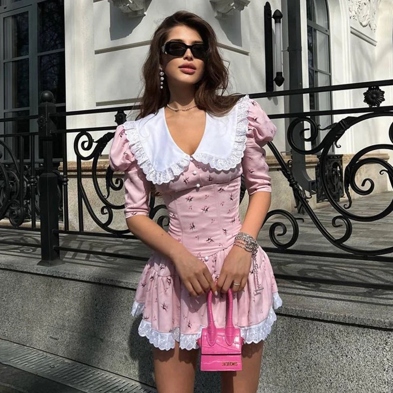 Tornova 2025 New Short Sleeve Floral Dress Female Lace Splice Doll Collar Fashion Mini Dress High Waist Lace Up Lady Party Dress