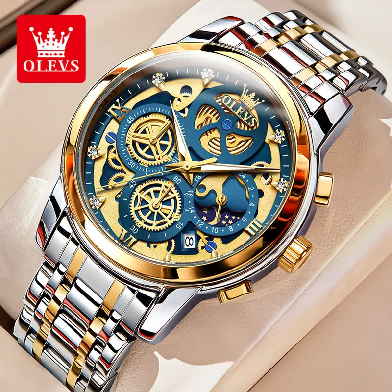 OLEVS Quartz Men for Watch Waterproof Luminous Luxurious Skeleton Stainless steel Gold Watch Date Month Phase Quartz Men\'s Watch